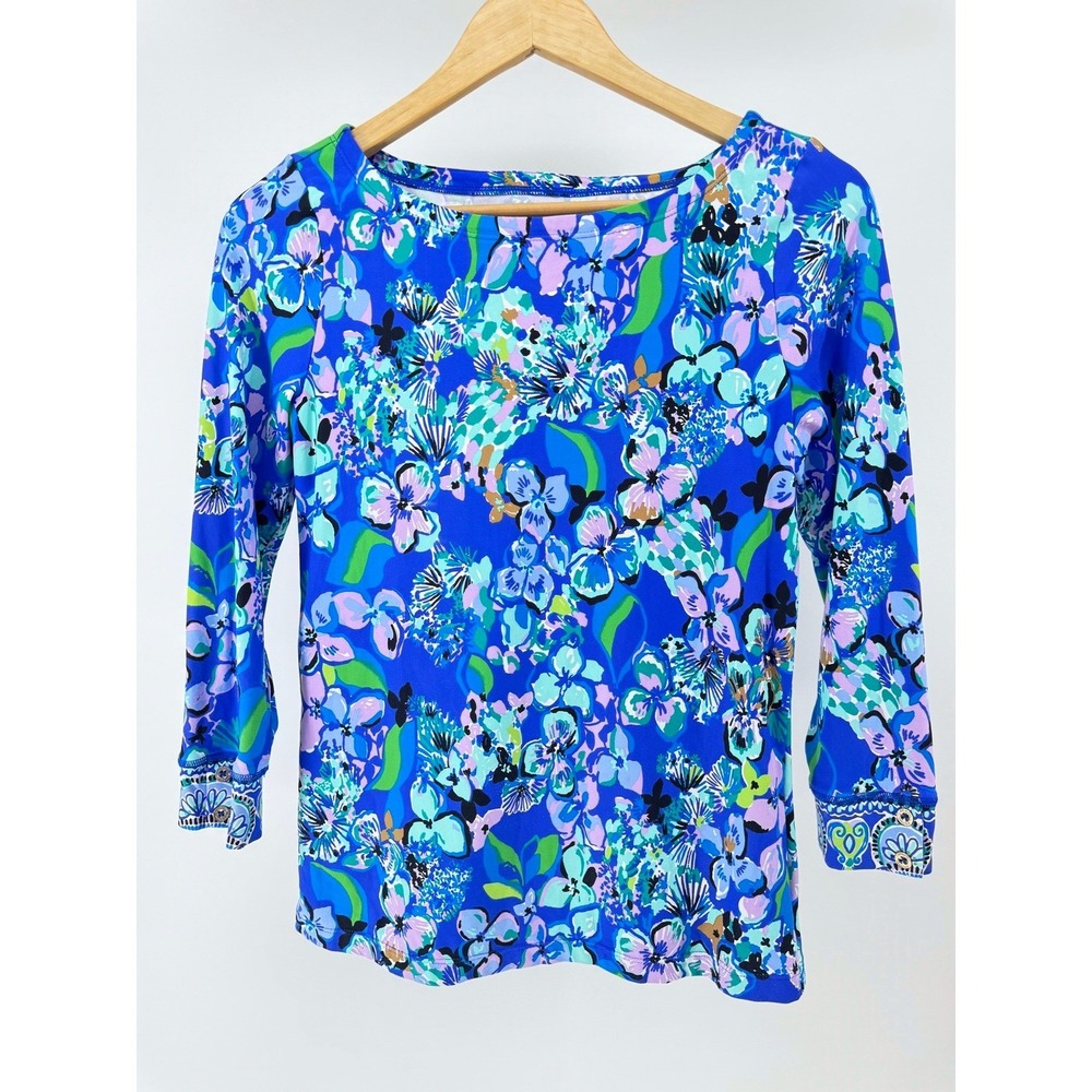 Lilly Pulitzer Everlynn ChillyLilly Top Womens S Blue Grotto Twilight Tropics